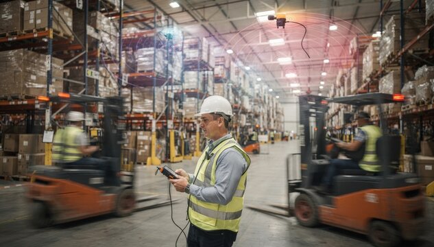 Warehouse WiFi survey capturing a technician mapping network interference amid active forklifts highlighting wireless signal evaluation in a busy environment.