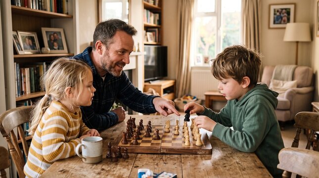 Father teaches children to play chess at home, fostering family bonding and strategic thinking skills