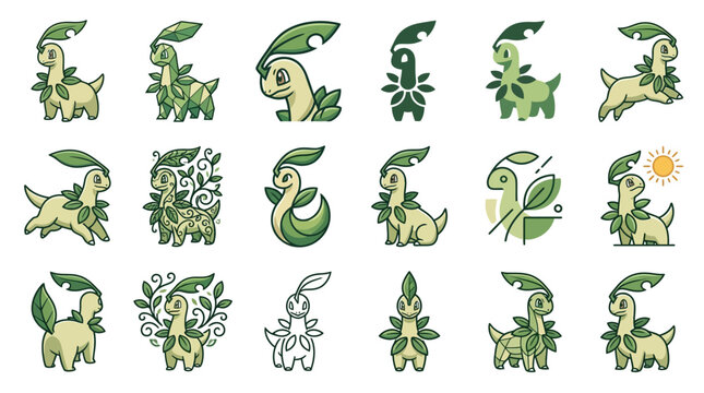 Stylized green leaf dinosaur and monster character set