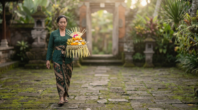 Balinese Mother Carrying a Family Offering on Galungan Morning