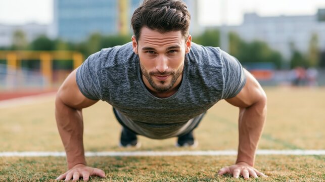 Young Man Performs Burpees in Training Field Under Clear Sky During Daylight Hours