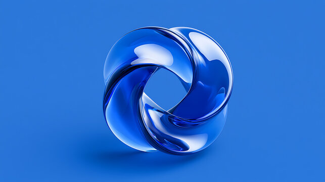 Abstract Transparent Blue Glass Mobius Strip Loop Rendered in High Resolution, Elegant Intertwined Shape with Glossy Reflection on Blue Backdrop