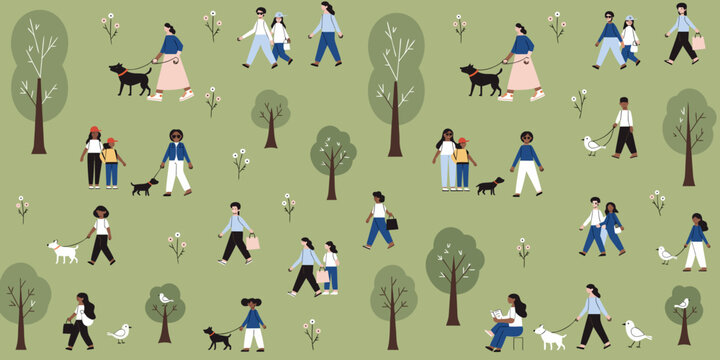 People Walking Dogs In A Park Flat Vector Seamless Pattern On A Green Background