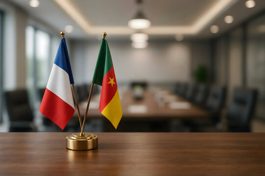 Small desk flags of france and cameroon displayed on a wooden table in a blurred office environment with bright windows and dark chairs visible