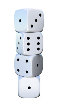 A column or stack of four standard six-sided colored dice, each with its face visible. The colored dice are on a transparent background.