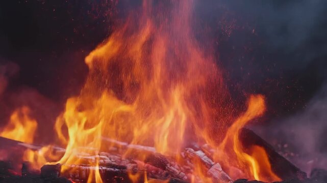 Dramatic fire burning in dark nighttime forest scene