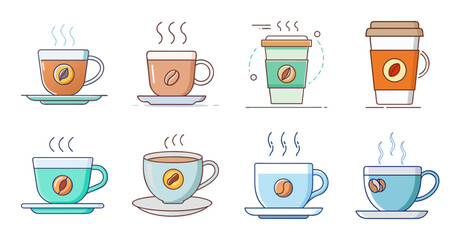 Fototapeta premium Colorful coffee cups with emoji faces and drinks - Set of cheerful coffee cups with emoji faces, drinks, and steam icons in a light background.