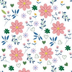 Fototapeta premium Add charm to your project with this beautiful hand drawn seamless floral pattern featuring lovely pink daisies, cute blue leaves and sweet dotted hearts. Download for a truly stunning look today