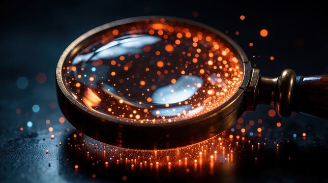 Macro view of magnifying glass lens with glowing orange bokeh particles. Optical tool rests on dark surface surrounded by bright light spots. Science instrument explores tiny data points. Equipment