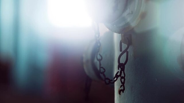 A chain hangs from a hook fixed to a white wall. The metal surface shows signs of rust and wear. Light falls softly on the chain and hook. The background is blurred.