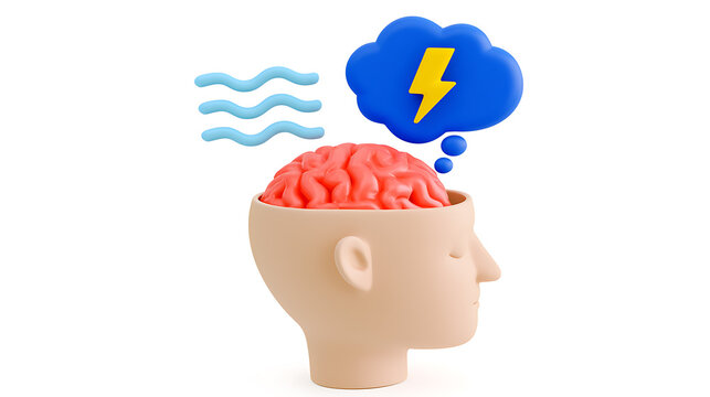 A 3D render of a human head in profile with an exposed brain, emitting a thought bubble featuring a lightning bolt and three wavy lines symbolizing brain power and ideas on white background
