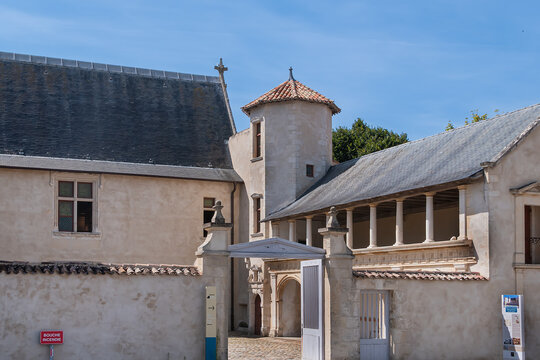 Exterior view of the Ernest Cognacq Museum, is a French regional history museum, is housed in the "House of Clergeatte", built in 1470 - 1480. Saint-Martin-de-R&eacute;, France. August 2, 2026.