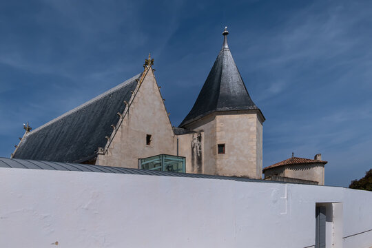 Exterior view of the Ernest Cognacq Museum, is a French regional history museum, is housed in the "House of Clergeatte", built in 1470 - 1480. Saint-Martin-de-R&eacute;, France. August 2, 2026.