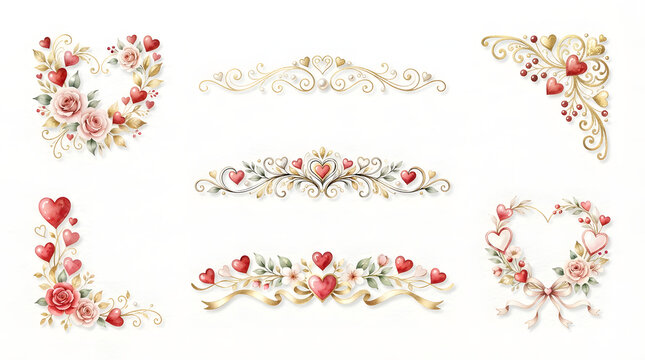 Valentine heart floral corner decorations. Romantic wedding border elements set.