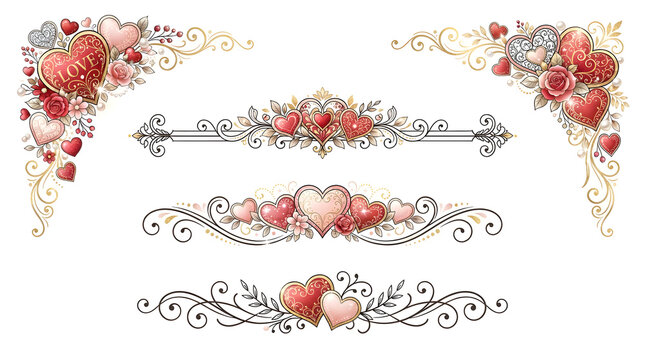 Valentine heart corner decorations. Romantic floral borders for wedding invitation design.