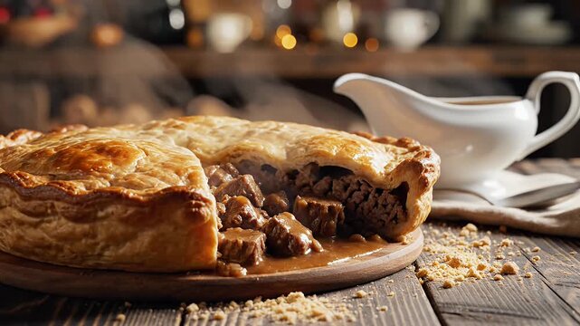 Sliced savory meat pie with gravy on wooden board.
