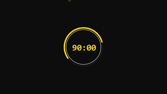 Minimalist circular countdown timer animation with 90 minute progress bar for digital interface and ui 4k