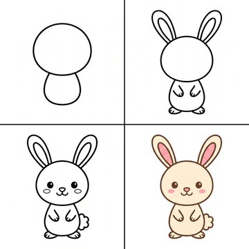 How to draw, Cute bunny character illustration in four stages of development  