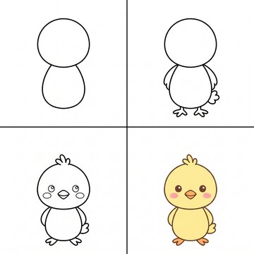 How to draw,, Cute cartoon chick character design in four stages of development  