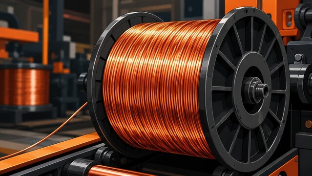 Close up of a large industrial spool of shiny copper wire in a workshop