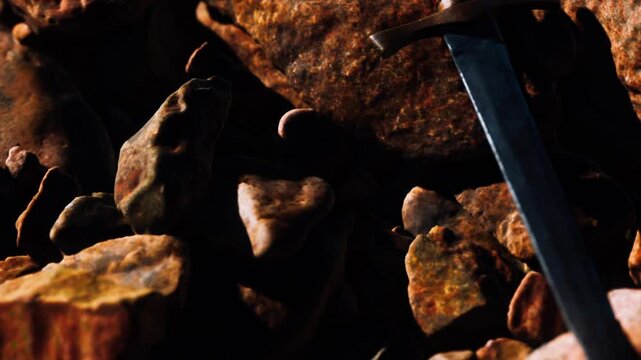 Rocks and stones in various shapes are seen scattered on the ground. A knife is partially visible among the stones. The scene shows a natural environment with earthy colors.