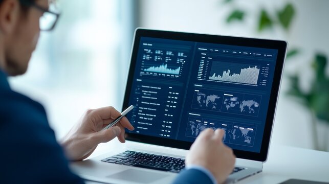 Executive Analyzing Company Dashboards Premium Workspace Stra Performance Dashboard Perspective, business analyst evaluating office data, executive report review, corporate performance