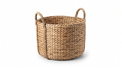 Obraz premium Empty natural woven laundry basket with sturdy handles, isolated on pure white background, 