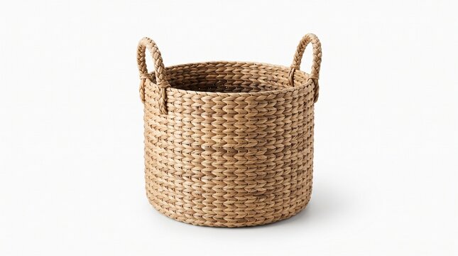 Empty natural woven laundry basket with sturdy handles, isolated on pure white background,  