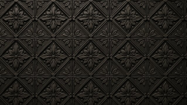 Dark embossed geometric tile texture with intricate floral relief pattern