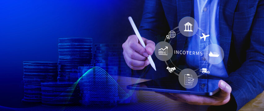 INCOTERMS business concept. Businessman touching virtual INCOTERMS international trade terms, logistics concept. diagram for global supply chain management. not ai