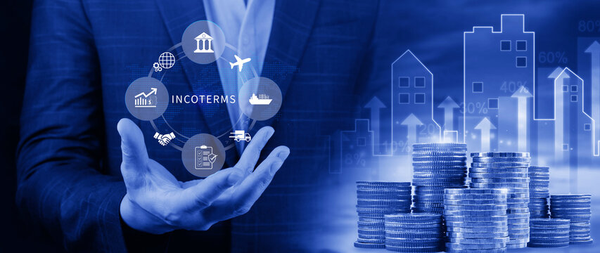 INCOTERMS business concept. Businessman touching virtual INCOTERMS international trade terms, logistics concept. diagram for global supply chain management. not ai
