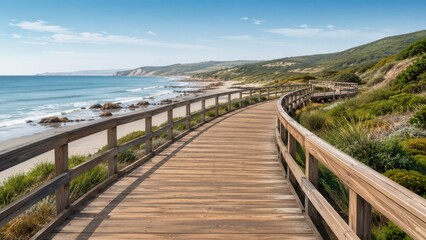 Naklejka premium Wooden boardwalk curves along a scenic coastline with ocean and green hills