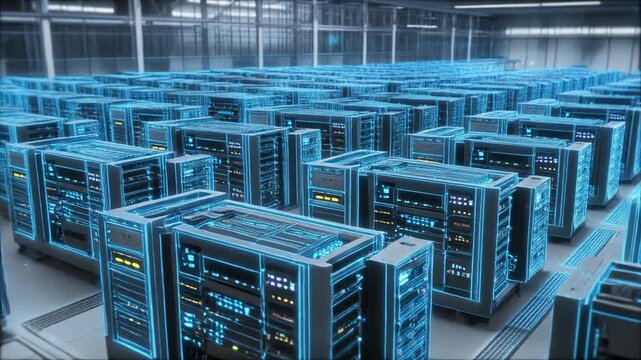 Modern office interior with computer servers and networking equipment