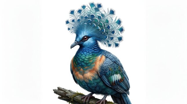 Exotic blue crowned pigeon perched on a branch with intricate feather details