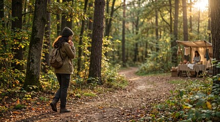 Fototapeta premium Woman walking on forest path during golden hour with backpack