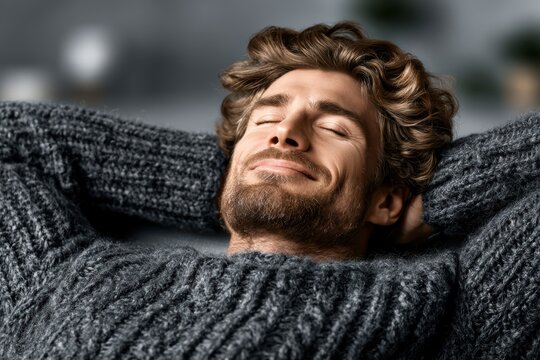Confident resident relaxing on a foldable sofa bed in a smartly designed small apartment with blurred compact modern interior.