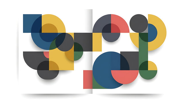 Bauhaus style geometric pattern with circles and squares, abstract mid-century modern composition, colorful minimalist graphic design for brochure cover