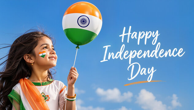 Happy Independence Day greeting banner. Cute little Indian girl holding a tricolor balloon with face painted flag against blue sky background