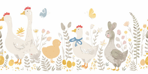 Farm animals and floral elements in a watercolor garden border design with a white background © Roni