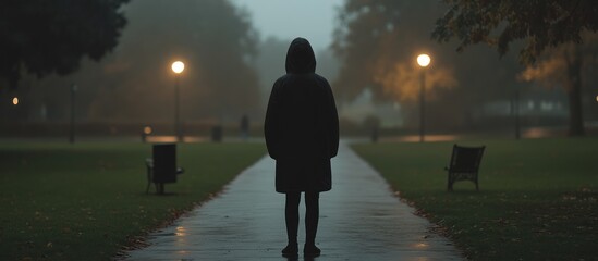 Hooded figure stands alone on misty park path, benches and lights blurred in background  film scene © Sepuluh