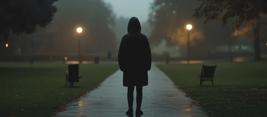 Hooded figure stands alone on misty park path, benches and lights blurred in background  film scene © Sepuluh