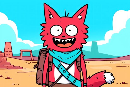 Happy fox adventurer desert backpack journey cartoon