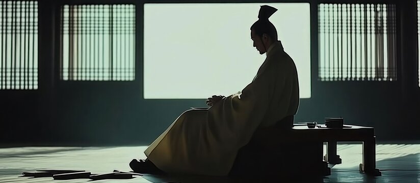Asian man sits contemplatively in ancient palace, sunlight streams through windows