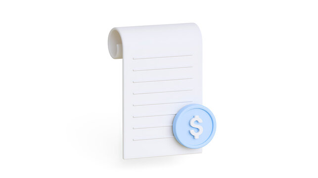 Minimalist 3D Render: White Paper Scroll with Light Blue Coin Icon for Financial Transactions and Digital Billing Concepts on Clean Background