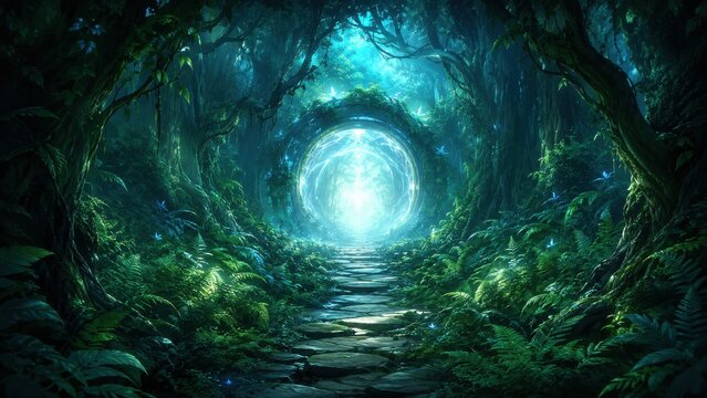 Enchanted forest path leading to a glowing portal in lush greenery