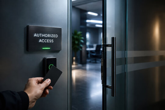Authorized Access Sign Beside Modern Secure Office Entry with Key Card Reader and Corporate Security Concept