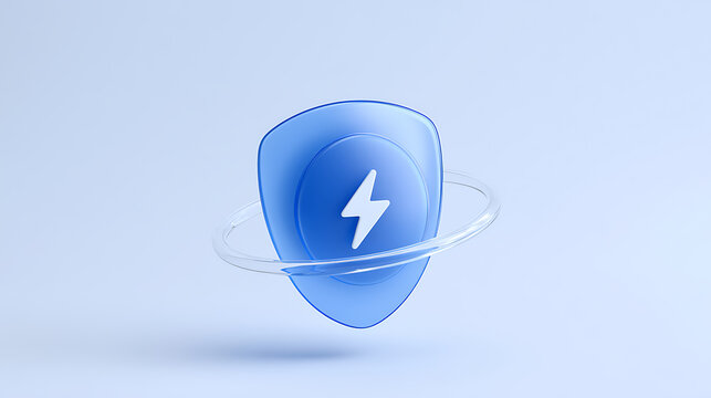 Dynamic blue shield icon with white lightning bolt and circling transparent ring against a soft, light blue background, symbolizing protection and power