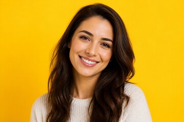 Fototapeta premium Young woman smiling and posing in yellow studio background