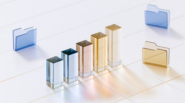 Abstract bar chart and folder icons represent data organization, financial growth, and digital information management on a white grid surface