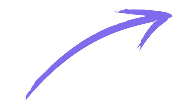 Purple hand drawn curved arrow pointing top right with direction illustration pointing navigation movement isolated background attention infographic colorful business indicator